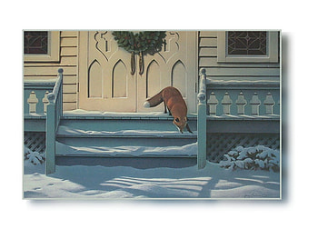 Winter Fox, winter, sly, house, cold, wild, fox, curios, checking, stairs, door, pretty, snow, red, railings, wreath HD wallpaper