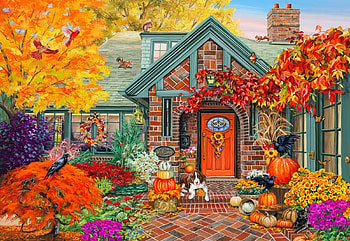 Autumn Welcome, house, fall, garden, colors, artwork, pumpkins, leaves, painting, trees HD wallpaper