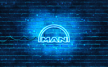 MAN blue logo, , blue brickwall, MAN logo, brands, MAN neon logo, MAN HD wallpaper