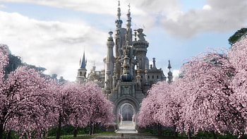 Castle and Landscape of Sakura Trees, blue, shapes, ancient, land, daylight, day, blossoms, castle, towers, architecture, window, path, grass, purple, gray, stone, clouds, nature, sky HD wallpaper
