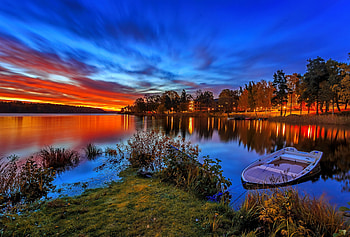 Sweden, sky, fiery, lake, serenity, boat, river, beautiful, sunrise, reflection, sunset HD wallpaper