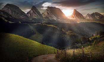 Road, swiss mountains, nature, sunbeams, forest HD wallpaper