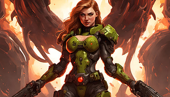 Female Doom Slayer, Slayer, female, gun, demon, video game, Doom HD wallpaper