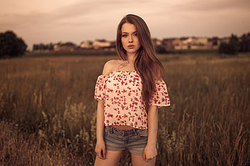 Women Brunette Standing In Field , women, brunette, girls, model HD wallpaper