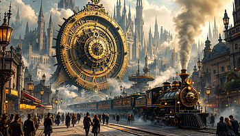 The Essence of Capitalism: A Ultra, Capitalism, train, steampunk, cityscape, clock HD wallpaper