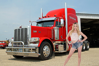 Lily Larimar Posing with a Big Rig, model, blonde, shorts, truck HD wallpaper