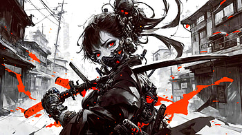 RED, red, Black & White, anime girl, katana HD wallpaper