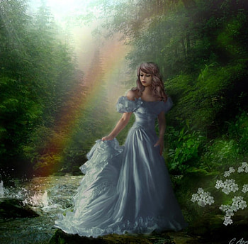 Under the Rainbow, trees, lady, gown, rainbow HD wallpaper