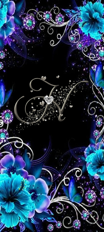 Letter H, flowers, blue, black, hearts, purple, silver, cute HD phone wallpaper