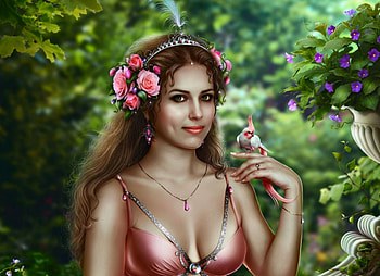 Summer girl, frumusete, bird, ionov, girl, hand, woman, jewel, pink, fantasy, flower, green, maksim larionov, luminos, pasari HD wallpaper