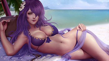 Beach Beauty, art, , bikini, girl, beach, woman, purple, digital, pretty, fantasy HD wallpaper