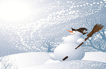 Snowman In Storm, winter, snowman, broom, snowstorn, hat HD wallpaper