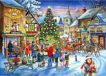 Christmas Shopping, winter, town, ornaments, people, tree, artwork, painting, snow, santa HD wallpaper