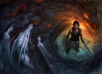 Dormant dragons, view from the top, ilse gort, fantasy, man, dragon, luminos, fire HD wallpaper