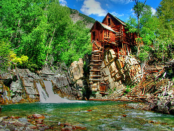 A mill, river, mill, fall, mountain, clouds, nature, sky, water stream, forest HD wallpaper