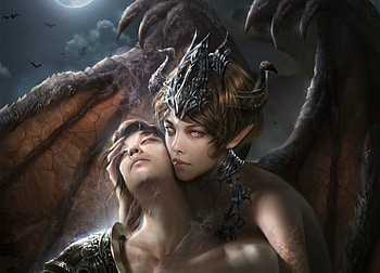 Succubus, wings, frumusete, wang di, bat, girl, demon, abubu, fantasy, couple, luminos HD wallpaper