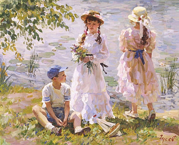 Ashore, girls, art, painting HD wallpaper