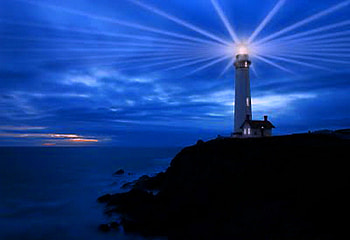 Shine a light for me, night, blue sky, lighthouse, light, house, clouds, beacon, cliff HD wallpaper