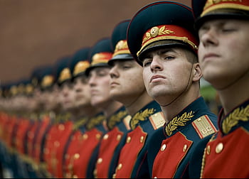 Close-up of Russian soldiers in ceremonial uniforms participating in a parade formation. HD wallpaper