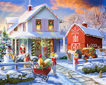 Greeting Christmas morning, morning, snow, christmas, greetings, village, santa, winter, art, beautiful, snowman, holiday HD wallpaper