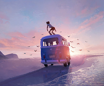 Fun, beach drive, art HD wallpaper