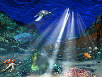 hidden treasure - 1, boat, marine life, 3d, ocean HD wallpaper