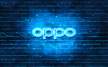 Oppo blue logo, , blue brickwall, Oppo logo, brands, Oppo neon logo, Oppo HD wallpaper
