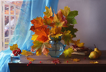 Autumn leaves, Maple leaves, Pear, Vase, Books HD wallpaper