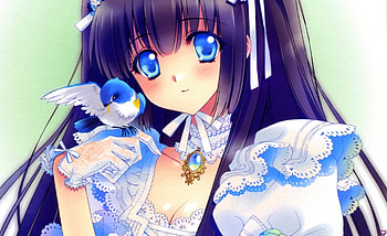 Lil' Birdy, cute, long hair, dress, beauty, nice, lady, maiden, female, sweet, bird, blue eyes, ribbon, girl, beautiful, kawaii, anime girl, anime, pretty, lovely HD wallpaper