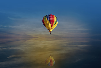 Fantasy, hot air balloon, sky, lake, reflections HD wallpaper