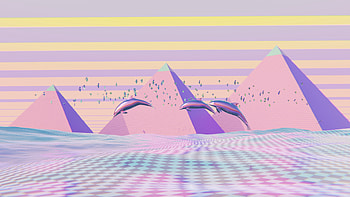 Dolphins Soar With Birds Over Pyramids, dolphin, birds, vaporwave, light, minimalism, minimalist, artist, artwork, digital-art HD wallpaper