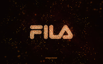 Fila glitter logo, , black background, Fila logo, orange glitter art, Fila, creative art, Fila orange glitter logo HD wallpaper