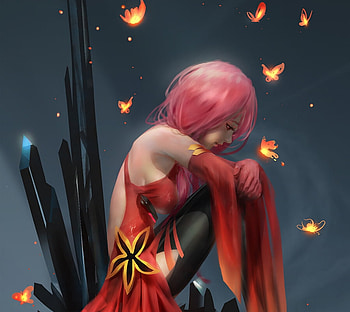 Sadness, pink, firefly, fantasy, art, shiwen liu, girl, luminos, redhead HD wallpaper