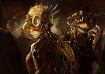 Art, Girl, Mask, Guy, Armor, Armour, Steampunk HD wallpaper