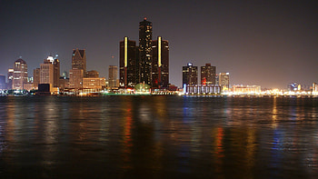Cities, Rivers, Night, Skyscrapers, Detroit HD wallpaper