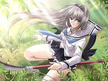 Mai Kitagawa, uniform, girl, grass, long hair, weapons, anime girl, leaves, lone, anime, kitagawa mai, izumo, short skirt, female HD wallpaper