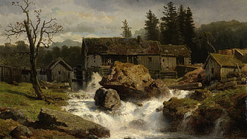 painting landscape, buildings, trees, river, rocks HD wallpaper