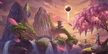 Fantasy, temple, girl, geisha, tree, mountain, summer, pink, planet, waterfall, bianca morelos HD wallpaper