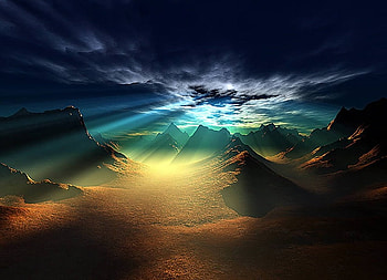 The Heights, rays, fantasy, landscape, clouds, sky, mountains HD wallpaper
