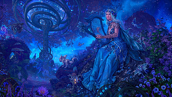 Midnight Song, , girl, elf, woman, blue, art, beautiful, harp, fairy, digital, fantasy, lamamake HD wallpaper