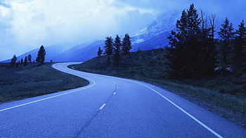 beautiful road in the grand tetons, clouds, trees, backtop, road, mountains HD wallpaper