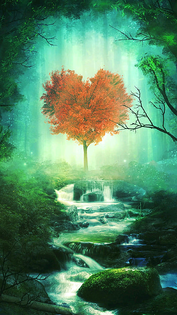 Nature Heart, red, forest, green, river HD phone wallpaper