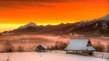 High Tatras, Zakopane, Poland, sky, sheds, sunset, hills, snow, colors HD wallpaper