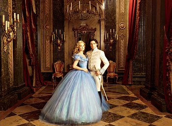 Cinderella (2015), blue, prince charming, blonde, Richard Madden, disney, girl, Cinderella, actress, dress, woman, Lily James, fantasy, love, movie, actor, couple HD wallpaper