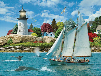 Sail Into Serenity, sea, lighthouse, whales, sailboat, artwork, digital, clouds, sky, cottage HD wallpaper