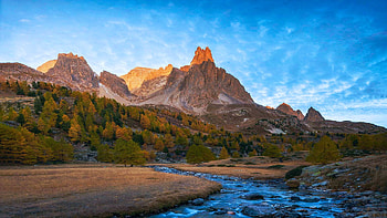 A beautiful morning in the French Alps, river, autumn, landscape, clouds, trees, sky, rocks HD wallpaper