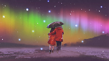 Anime artwork of couple sharing an umbrella, walking underneath an aurora-lit sky, aurora, night, winter, aurorae, glow, art, cold, stars, romance, anime, love, snow, couple, sky HD wallpaper