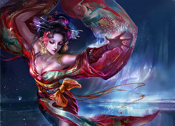 Spirit, blue, kimono, frumusete, art, gorgeous, girl, hand, woman, superb, rongrong wang, fantasy, red, luminos HD wallpaper