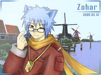 neko, zohar, boy, glasses, cool, cat, blue hair, scarf HD wallpaper