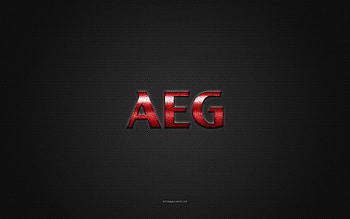 AEG logo, red shiny logo, AEG metal emblem, gray carbon fiber texture, AEG, brands, creative art, AEG emblem HD wallpaper